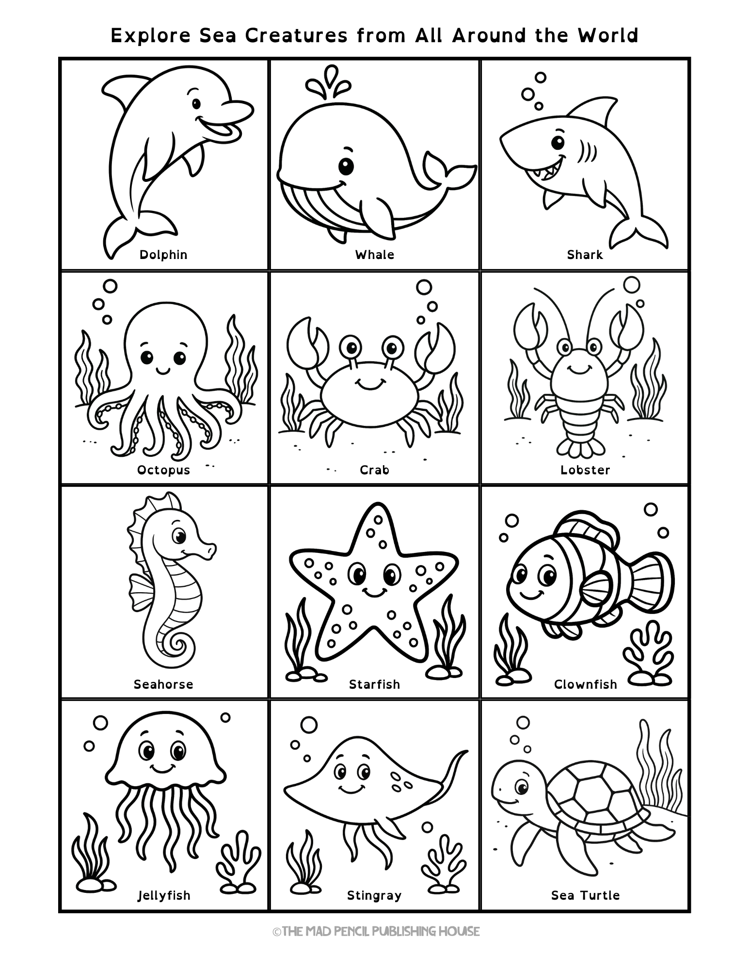Preschool coloring pages with dolphins, turtles, and fish