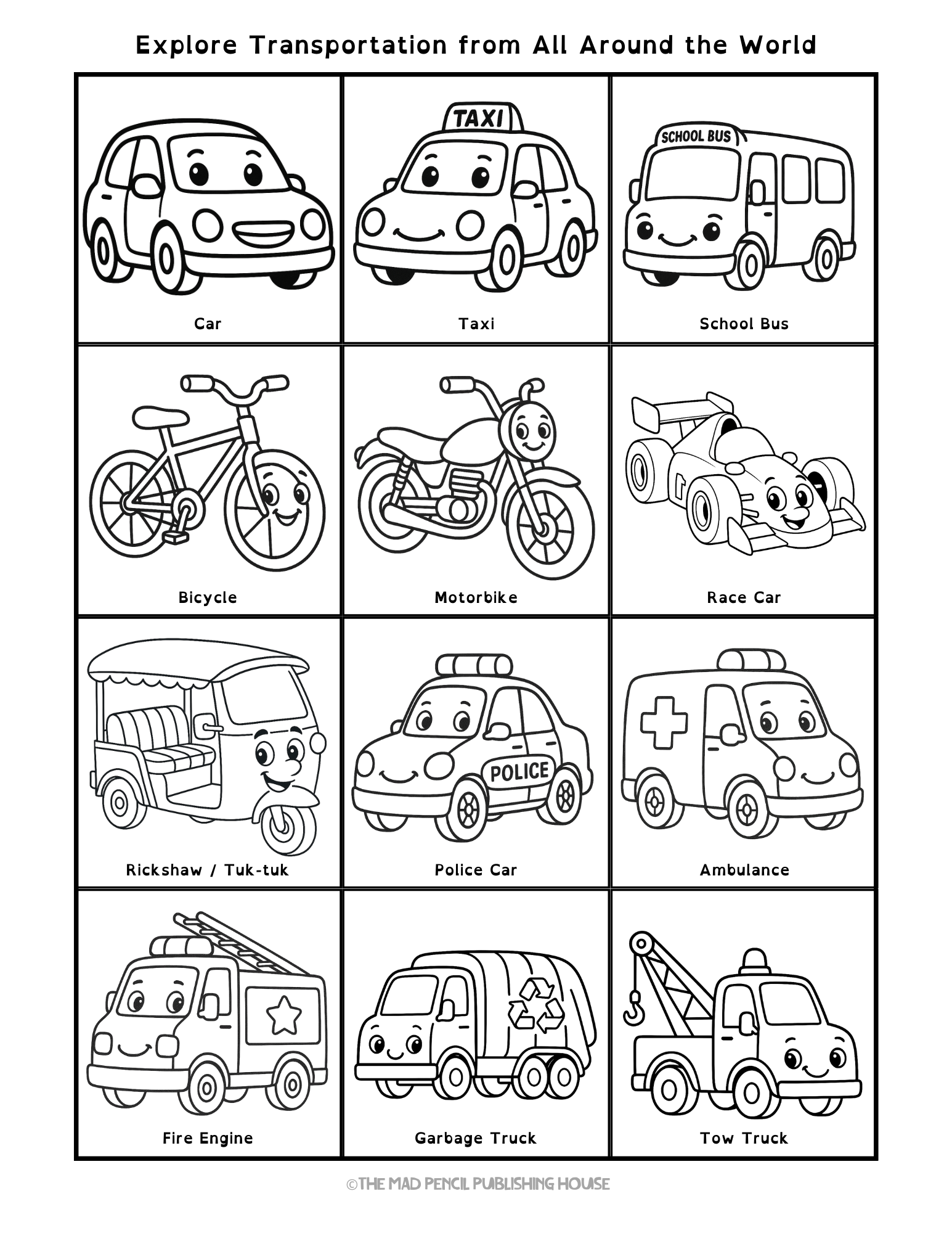Preschool coloring pages with vehicles and trucks