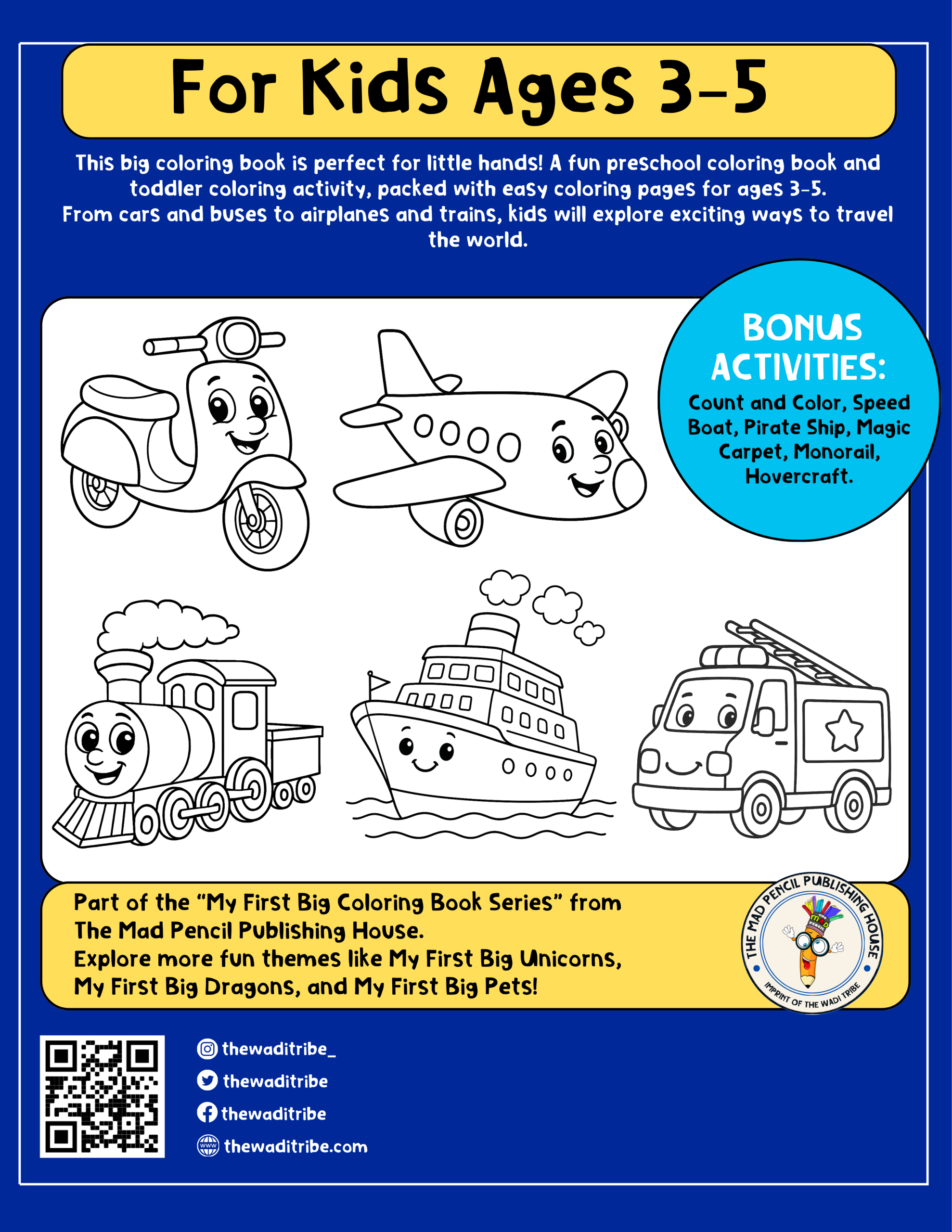 My First Big Transportation Coloring Book back cover – cars and planes for kids